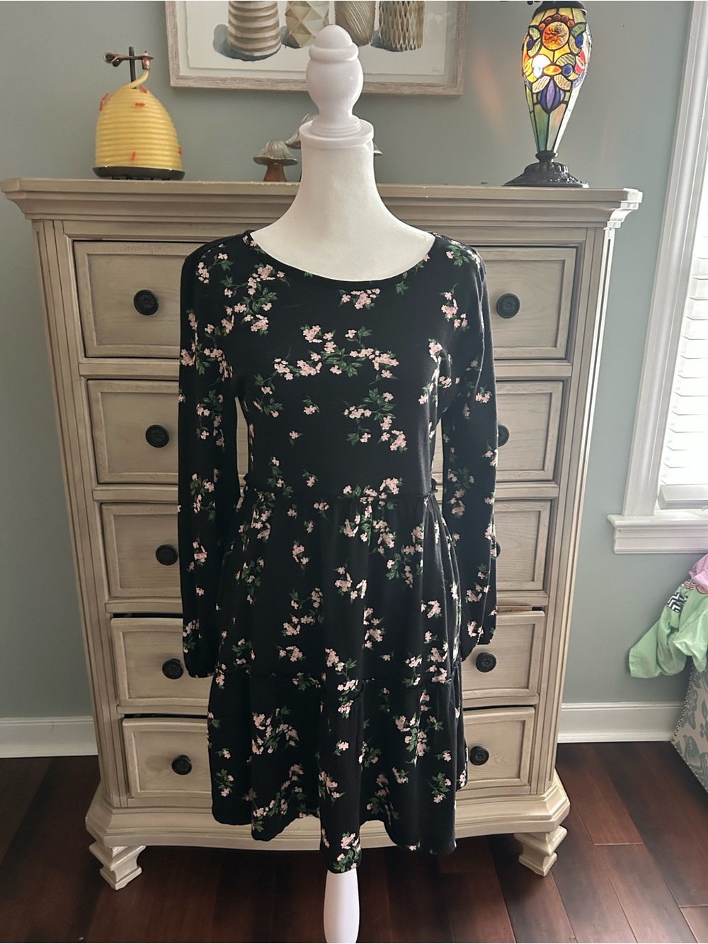 Old Navy Black Long-Sleeve Floral Fit & Flare Dress